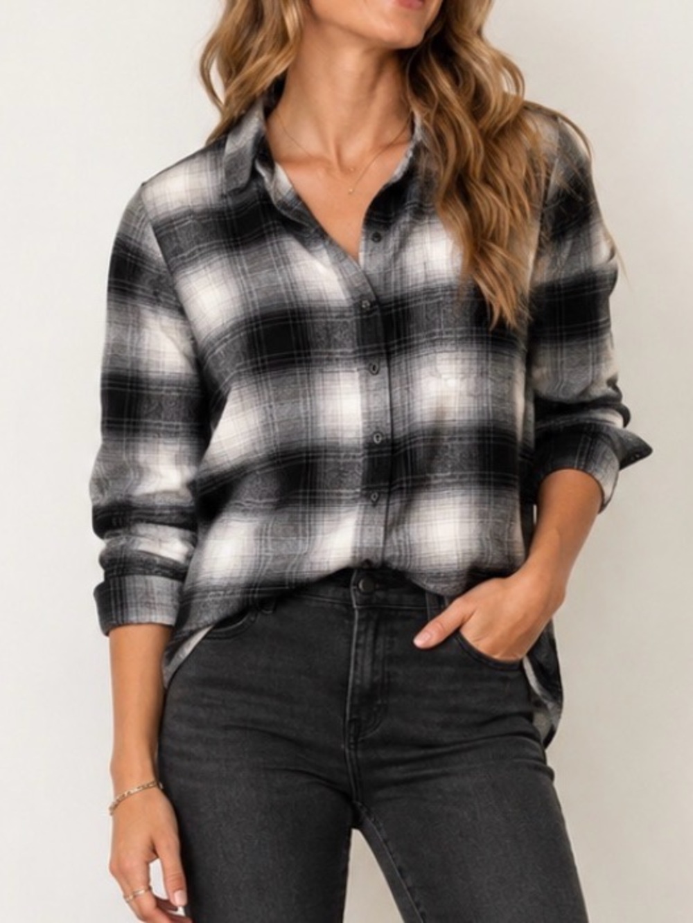 Banana Republic Black Gray Ivory Plaid Button Down Shirt flannel SZ XS NWOT Fall